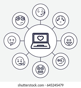 Feeling icons set. set of 9 feeling outline icons such as laptop with heart, shy emoji, surprised emot, smoking emot