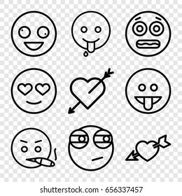 Feeling icons set. set of 9 feeling outline icons such as heart with arrow, crazy emot, emot in love, shocked emoji, emoji showing tongue