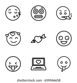 Feeling icons set. set of 9 feeling outline icons such as laptop with heart, heart with arrow, crazy emot, emot in love, shocked emoji