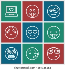 Feeling icons set. set of 9 feeling outline icons such as laptop with heart, emot in love, shy emoji, surprised emot, shocked emoji