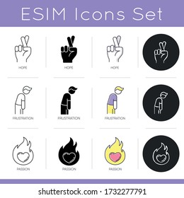 Feeling Icons Set. Crossed Fingers For Luck. Optimistic Outlook. Burnout Symptom. Passionate Heart. Man Suffer From Anxiety. Linear, Black And RGB Color Styles. Isolated Vector Illustrations