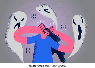 Feeling inner fears and panic concept. Young stressed frustrated woman cartoon character standing feeling chocked with afraid shadows around vector illustration 