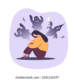 Feeling inner fears and panic concept. Fear, Insecurities haunting you. Young stressed frustrated woman cartoon character scared from huge shadows which symbolizes fear. Girl sitting feeling choked