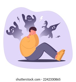 Feeling inner fears and panic concept. Fear, Insecurities haunting you. Young stressed frustrated man cartoon character scared from huge shadow.Boy sitting feeling choked