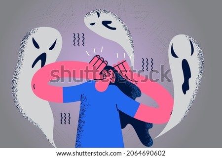 Feeling inner fears and panic concept. Young stressed frustrated woman cartoon character standing feeling chocked with afraid shadows around vector illustration 