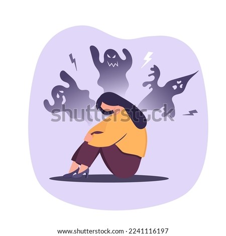 Feeling inner fears and panic concept. Fear, Insecurities haunting you. Young stressed frustrated woman cartoon character scared from huge shadows which symbolizes fear. Girl sitting feeling choked