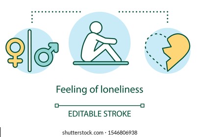 Feeling of loneliness concept icon. Breakup, relationship trouble idea thin line illustration. Gender symbols, depressed person and broken heart vector isolated outline drawing. Editable stroke