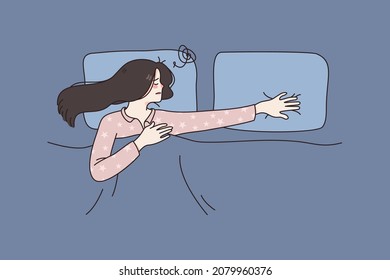 Feeling Lonely And Sadness Concept. Young Stressed Woman Lying In Bed Feeling Alone With Empty Pillow Nearby With No Partner At Home Vector Illustration 