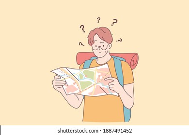 Feeling lost and frustration concept. Young caucasian man cartoon character standing with city map and feeling worried and depressed for distress, afraid and frustrated vector illustration 