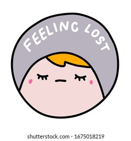 Feeling lost hand drawn vector illustration sticker pin patch sad man closed eyes grey pink