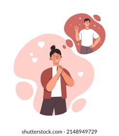 Feeling in love. Girl dreams of man, happy couple or family. Woman waiting for her lover or romantic date, love and care, fantasy. Female person waiting boyfriend. Cartoon flat vector illustration