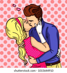 Feeling of love. The guy with the girl passionately kisses. Vector illustration of pop art. Comic style