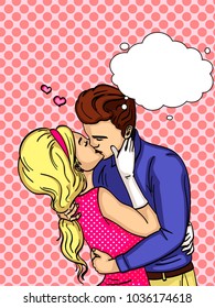 Feeling of love. The guy with the girl passionately kisses. Vector illustration of pop art. Text bubble. Comic style