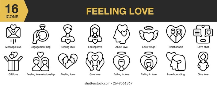 Feeling Love icon set. Includes feeling, love, romance, heart, emotion, affection, and More. Outline icons vector collection.
