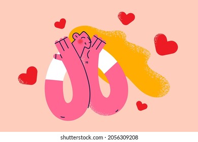 Feeling in love and positive concept. Young blonde woman cartoon character touching red cheeks feeling in love with hearts around vector illustration