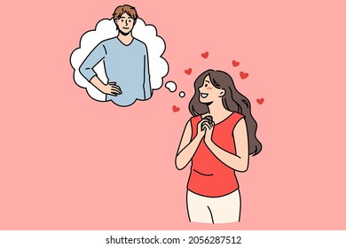 Feeling in love and romance concept. Young smiling female cartoon character standing feeling in love dreaming of her boyfriend vector illustration 