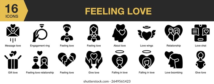 Feeling Love solid icon set. Includes feeling, love, romance, heart, emotion, affection, and More. Solid icons vector collection.