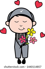 Feeling Loved and Presenting Flowers - Retro Repairman Cartoon Worker Vector Illustration