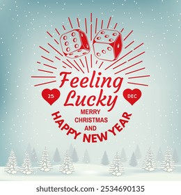 Feeling lucky. Merry Christmas and Happy New Year. Vector. Vintage design with two dice, heart and sun ray sunburst. Template for Christmas greeting card, banner, poster, flyer with red casino dice