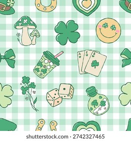 Feeling Lucky Seamless Pattern, St. Patricks Day Digital Paper, Casino Club Fabric Files, Trendy Lucky Play Card Repeat Pattern Design Vector