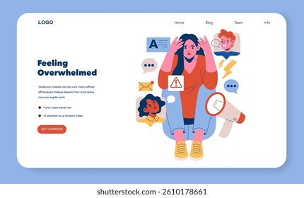 Feeling overwhelmed concept in a digital context. A person navigates modern stressors like communication and alerts. Emphasizes emotional overload from digital interactions. Vector illustration.