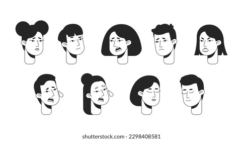 Feeling overwhelmed flat line monochromatic vector character heads pack. Mental health issues. Editable outline avatar icons. 2D cartoon line spot illustration bundle for web graphic design, animation