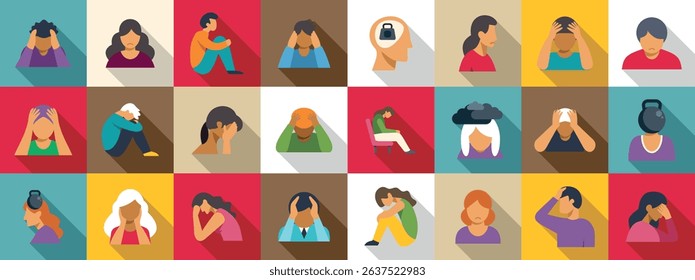  Feeling overwhelmed icons set. Set of icons representing people with mental health problems, including depression, anxiety, burnout, migraine