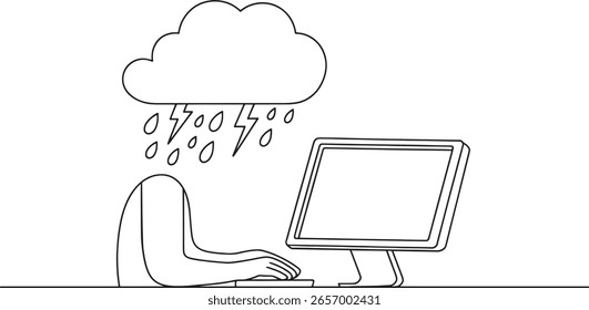 Sentirse abrumado Una persona que trabaja en una computadora bajo una nube de lluvia Estrés y agotamiento