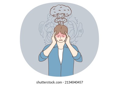 Feeling pain and headache concept. Young man standing touching head feeling pain like volcano burning inside of his brain vector illustration 