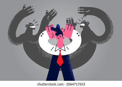 Feeling panic and Inner fears concept. Young stressed frustrated businessman cartoon character standing feeling chocked with afraid shadows around vector illustration 