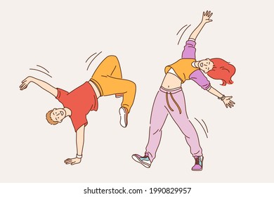 Feeling positive and dancing concept. Young smiling cheerful girl and boy in stylish bright clothes dancing modern dances feeling happy moving body vector illustration 