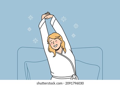 Feeling positive in morning concept. Young relaxed smiling blonde woman in home clothing sitting stretching out in bed after night vector illustration 