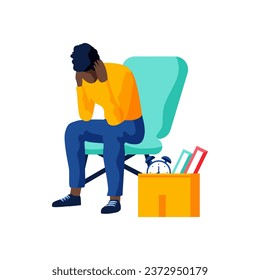 Feeling sad of being fired concept. Young man worker sitting at box with belongings feeling stressed being fired holding hands on head. Unemployment, crisis, jobless and employee job reduction concept