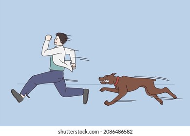 Feeling scared and afraid of dogs concept. Young stressed afraid man running from brown dog outdoors feeling scared and panic vector illustration 