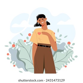 Sentir el concepto de amor propio. Una mujer se abrazó. Sentimientos positivos y emociones. Positividad y optimismo. Chica joven con alta autoestima. Ilustración plana del vector de la historieta aislada sobre fondo blanco