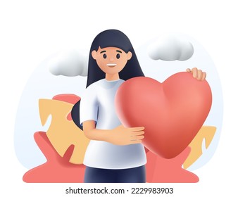 sentimiento de amor propio, respeto propio. la mujer tiene el corazón en la mano. Las emociones positivas y la armonía con uno mismo. A las amigables chicas voluntarias les importa. autoayuda y autocuidado. Ilustración vectorial del corazón de las niñas