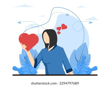 feeling of self love, woman holding heart in her hands. Positive emotions and harmony with yourself. kind hearted volunteer girl caring. self help and self care. Vector illustration of a girl's heart