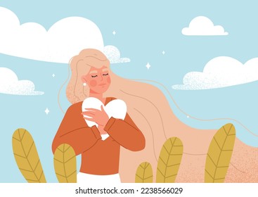 Sintiéndose amor propio. Muchacha en el campo y abraza el corazón blanco. Salud mental y psicología. Positividad y optimismo, felicidad. Aceptación y confianza. Dibujo vectorial plano de dibujos animados