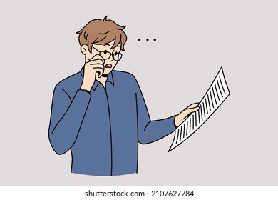 Feeling shocked during work concept. Young frustrated surprised businessman worker standing reading official document or report vector illustration 