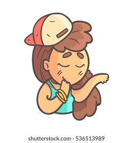 Feeling Shy Girl In Cap, Choker And Blue Top Hand Drawn Emoji Cool Outlined Portrait