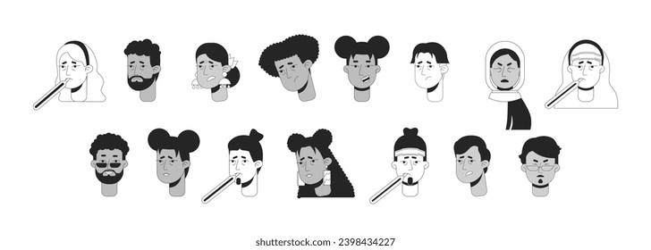 Feeling sick diverse black and white 2D vector avatars illustration bundle. Thermometer in mouth, aching women, men outline cartoon character faces isolated. Ill flat user profiles images collection