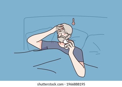 Feeling sick and fever concept. Aged sick man cartoon character staying in bed with headache and high temperature suffering from pneumonia or asthma COVID-19 vector illustration