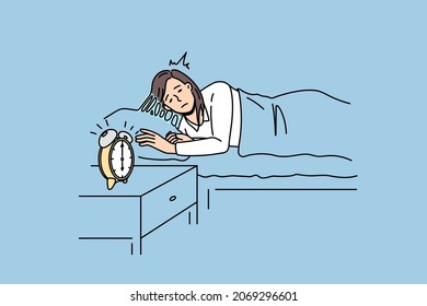 Feeling sleepy and alarm clock concept. Young sleepy woman staying in bed trying to wale up with alarm clock beats at six in morning vector illustration 