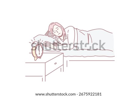 Feeling sleepy and alarm clock concept. Young sleepy woman staying in bed trying to wale up with alarm clock beats at six in morning vector illustration