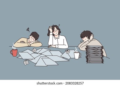 Feeling sleepy and tired concept. Group of young workers colleagues sitting with coffee at desk and heap of documents feeling sleepy and exhausted vector illustration 