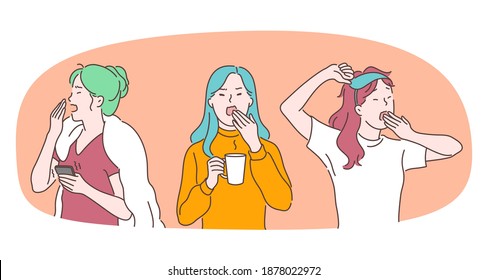 Feeling sleepy and tired concept. Young teen girls cartoon characters yawning and feeling sleepy, drinking coffee for waking up vector illustration 