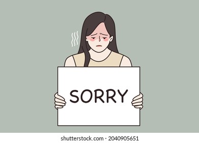 Feeling Sorry And Guilt Concept. Young Sad Frustrated Woman Feeling Guilty Holding Sign Saying Sorry In Hands Vector Illustration 