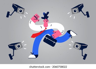 Feeling stress being late concept. Young stressed businessman worker cartoon character running looking at cameras fixing him being late to work vector illustration 