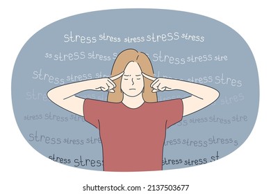 Feeling stress and headache concept. Young woman standing touching head feeling stressed and headache with lettering at background vector illustration 