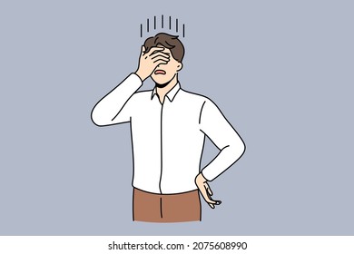 Feeling stressed and sleepy concept. Young man cartoon character standing covering face with hands feeling exhausted at work vector illustration 